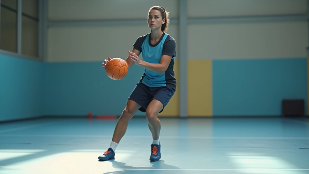 لاعب كرة يد في وضعية دفاعية مثالية مع ركبتين مثنيتين وذراعين مرفوعتين
