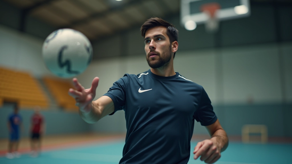 لاعب كرة يد يقوم برمية قوية أثناء التدريب في صالة رياضية